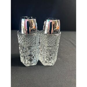 Vintage MCM Anchor Hocking Wexford Crystal Glass Salt Pepper Shakers Diamond Cut